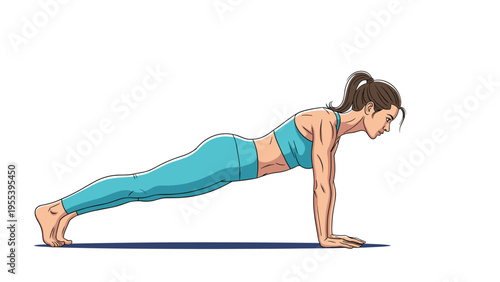 Athletic woman performing a forearm plank exercise to strengthen her core muscles in a fitness themed illustration.