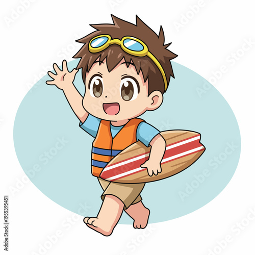 A joyful child showcases excitement as he holds a surfboard, embodying the essence of fun-filled beach adventures and carefree childhood moments.