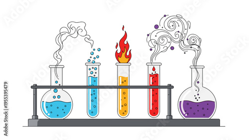 Laboratory glassware set including flasks and test tubes with colorful chemical reactions smoke and fire effects.