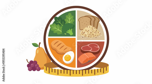 A nutritional plate visual showcases balanced food groups including fruits, grains, protein, and vegetables, highlighting the importance of a healthy diet in daily life.