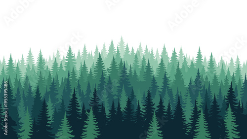 Dense coniferous forest landscape featuring layers of pine trees in varying shades of green for a natural background.