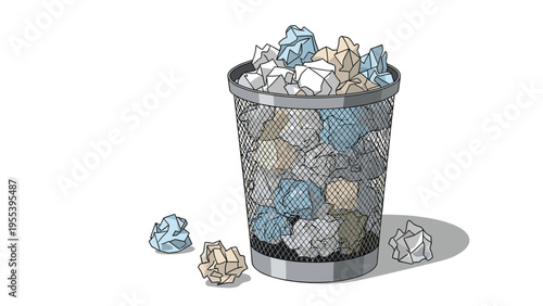 Metal mesh waste basket overflowing with many pieces of crumpled white and blue paper against a white background.