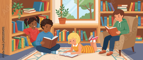A lively illustration depicting children of diverse backgrounds engaging in reading activities inside a cozy library, promoting literacy, friendship, and collective learning.