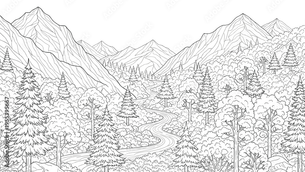 Fototapeta premium Scenic landscape line art coloring page featuring a winding road through a dense forest with majestic peaks.