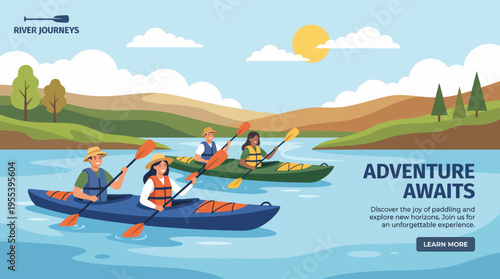 Three enthusiastic kayakers paddle together in a picturesque river landscape, enjoying the beauty of nature and shared experiences amidst vibrant greenery and mountains.