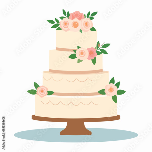 A beautifully decorated wedding cake with flowers on a stand