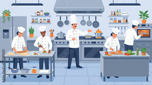 A vibrant scene of chefs cooking and interacting in a bustling kitchen, showcasing teamwork, culinary arts, and the preparation of delightful meals.