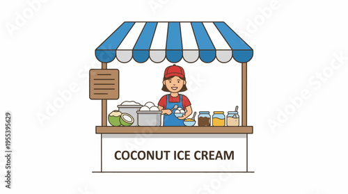 An engaging illustration of an ice cream vendor serving coconut-flavored ice cream, showcasing the delightful combination of flavors and fun atmosphere of a summertime treat.