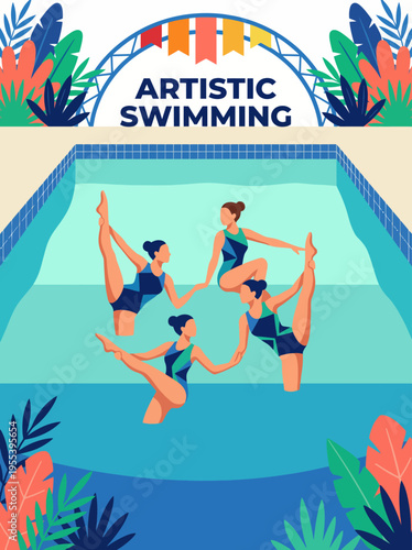 This vibrant image showcases a synchronized swimming team performing a stunning formation in a pool, emphasizing teamwork and athletic grace in artistic swimming.