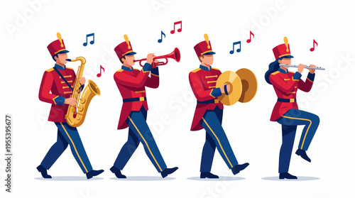 A vibrant marching band parade featuring musicians with various instruments, in striking uniforms and an energetic performance that adds excitement to any festive event or celebration.