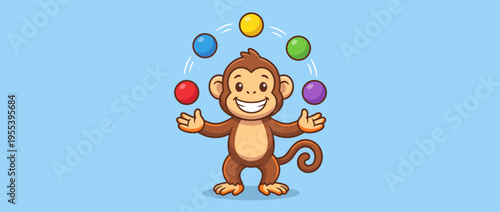 A playful monkey character joyfully juggle colorful balls, radiating fun and excitement, set against a bright blue background that enhances its vibrant personality.