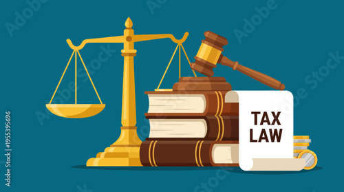 A depiction of justice elements, including a scale and gavel, prominently featuring a document labeled 'Tax Law' to represent the complexities of legal financial matters.