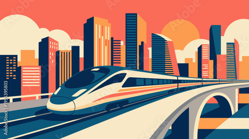 This vibrant illustration shows a sleek high-speed train traveling over a bridge in a lively cityscape, showcasing modern architecture and dynamic sunset colors.