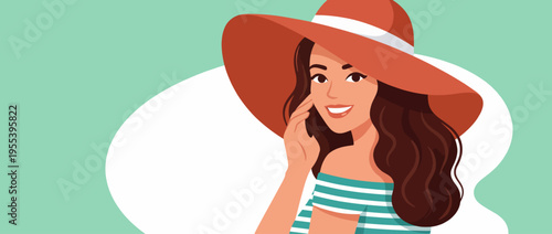 A smiling woman wearing a large sun hat and striped top, exuding a joyful and casual summer vibe that captures the essence of fun and relaxation.