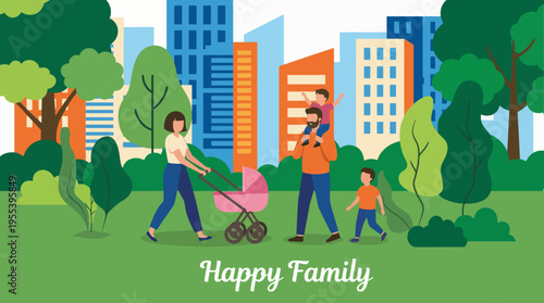 A joyful family with children explores a vibrant city park, showcasing love and togetherness amidst greenery, symbolizing happiness, family bonding, and urban life.