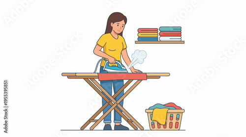 A woman is seen ironing clothes efficiently in her home, representing domestic life and the importance of maintaining a neat and organized living space.
