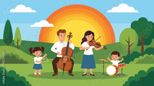 A joyful family playing musical instruments outdoors, showcasing unity and creativity. This image represents harmony among family members in a scenic landscape setting.