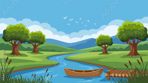 This picturesque image depicts a serene nature scene with a beautiful river flowing through lush greenery and mountains, ideal for relaxation and nature appreciation.