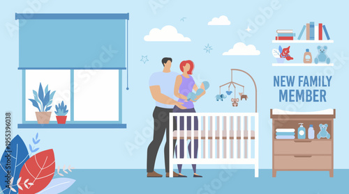 A loving couple stands beside a crib, joyfully welcoming their new family member into the world, encapsulating the emotions of new beginnings and parenthood in a bright setting.