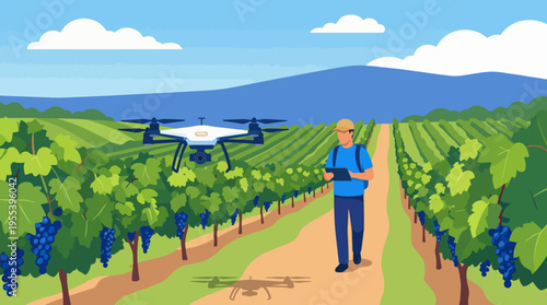 A person uses a drone for monitoring grapevines, showcasing modern agricultural technology in a stunning vineyard landscape under clear skies with mountains in the background.