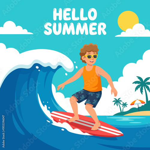A young male surfer skillfully rides a large wave in bright summer weather, showcasing a fun and adventurous lifestyle with clear skies and warm vibes at the beach.