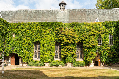 Ivy-covered stone college building in Oxford with gothic windows in a sunny courtyard, England