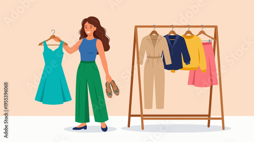 A stylish woman selecting outfits from a clothing rack, showcasing the excitement of fashion choices, personal style, and the joy of dressing up in trendy apparel.