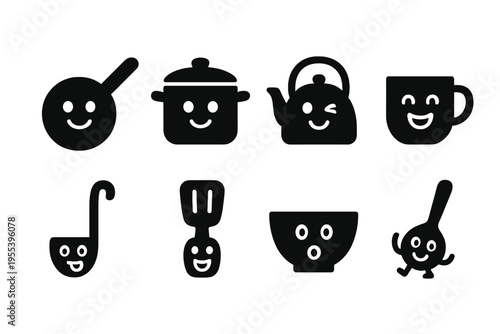 Whimsical Cookware Icons. Whimsical cookware buddies. Filled icon set of Whimsical cookware buddies: smiling