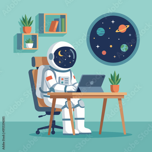 An astronaut sits at a stylish desk in a relaxed home office environment, merging space exploration themes with modern work-life balance in an imaginative and whimsical setting.