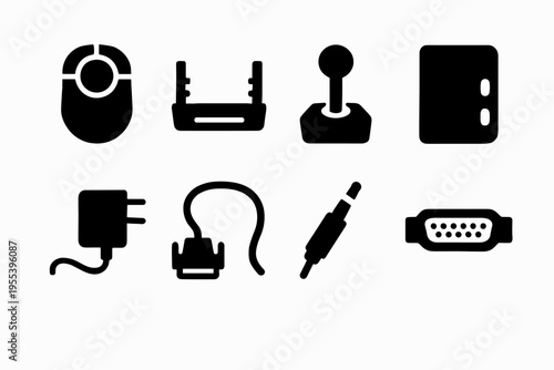 Retro Computing Icons. Retro computing peripherals. Filled icon set of retro computing peripherals: trackball