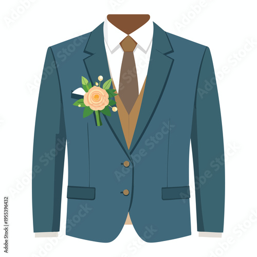 Illustration depicts a formal blue suit with accessories and flower on display
