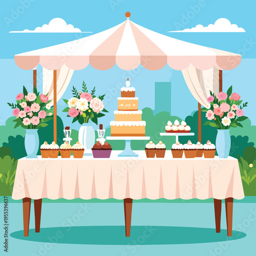 A lavish outdoor wedding reception table setup under a canopy with cake and desserts in a park