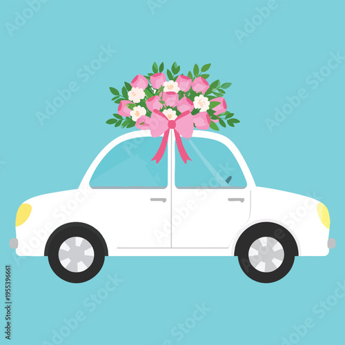 A white car decorated with a bouquet of flowers drives down the street on a sunny day