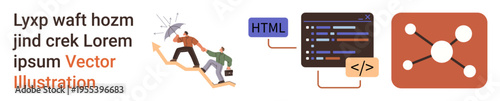 Teamwork, growth, software development, coding, networking, digital systems. Two people climbing steps, coding interface with HTML and connection diagram. Teamwork and software development concept
