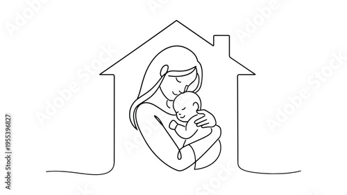 Mother Holding Baby at Home – Minimal Line Art Family Care Illustration