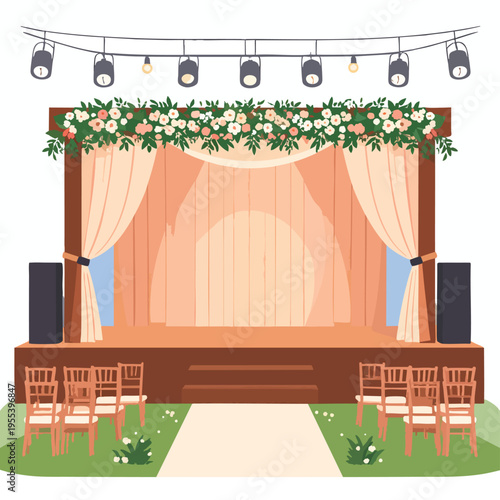 The a14b66f2-594a-4047-a3de-abe925a091a5 vector illustration depicts a wedding stage setup outdoors with floral decorations and spotlights.