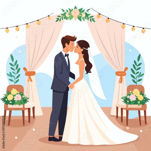 A loving couple shares a romantic kiss under a beautifully decorated wedding archway outdoors.