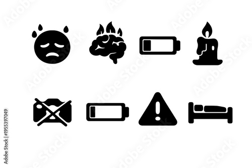 Content Burnout Icons. Content burnout. Filled icon set of Content burnout: exhausted face, overheating brain,