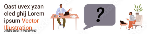Business, teamwork, remote work, problem-solving, communication, collaboration. Two professionals engaged in work at separate desks and a gray speech bubble with a question mark. Remote work