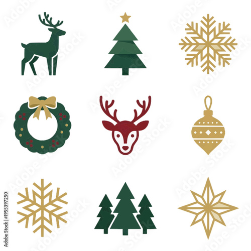 北欧風の洗練されたクリスマスアイコン9種セット 白背景に孤立したミニマルなベクターイラスト 慶事用カードやデザインに最適な季節の素材
