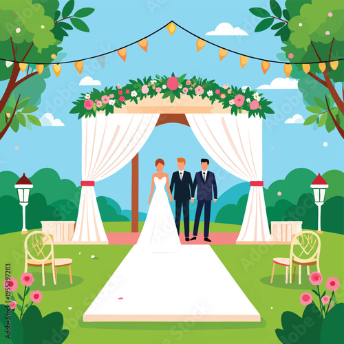 Wedding ceremony takes place under decorated archway in outdoor garden setting with bride groom and officiant