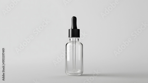 Transparent glass dropper bottle with black cap, centered on light gray background, studio lighting, minimal cosmetic or skincare packaging mockup with copy space.