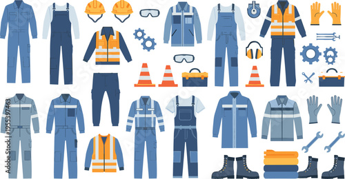 Professional construction safety wear collection with reflective vests industrial overalls hard hats work boots and ppe equipment isolated on white background vector