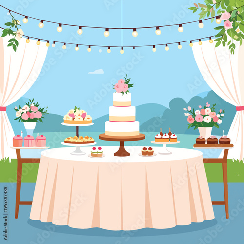 A festive dessert table setup outdoors with cake and flowers in daytime