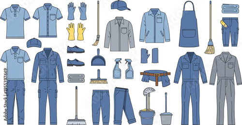 Large collection of cleaning service uniforms and janitorial equipment icons featuring work coveralls apron spray bottles broom mop bucket and protective gloves