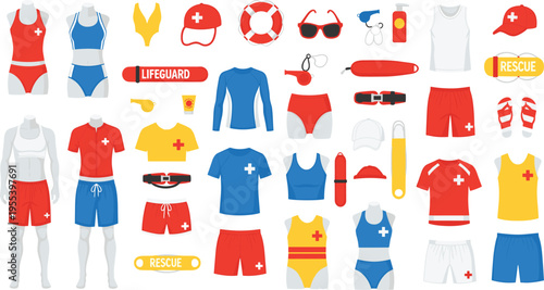Large collection of lifeguard uniforms and water safety equipment icons including rescue buoy life ring whistle swimwear sunglasses and sun protection