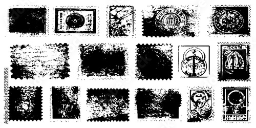 Set of black and white grunge vector font letters featuring a dirty ink splash texture and vintage floral ornament border design for a rough paint illustration element