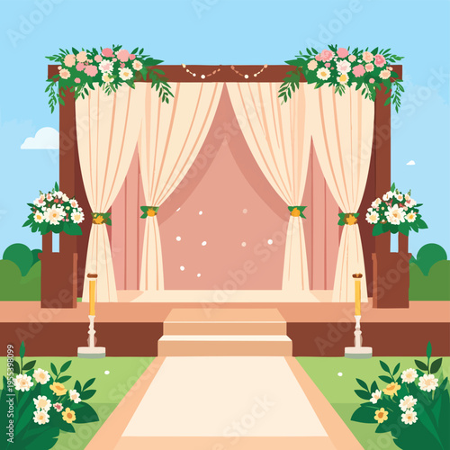 The wedding ceremony takes place on a decorated stage with flowers and curtains in a garden.