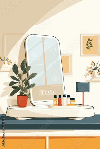 Floating Smart Mirror in Minimal Futuristic Bathroom