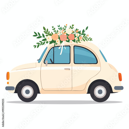 A vintage car decorated with flowers drives down a romantic wedding route.